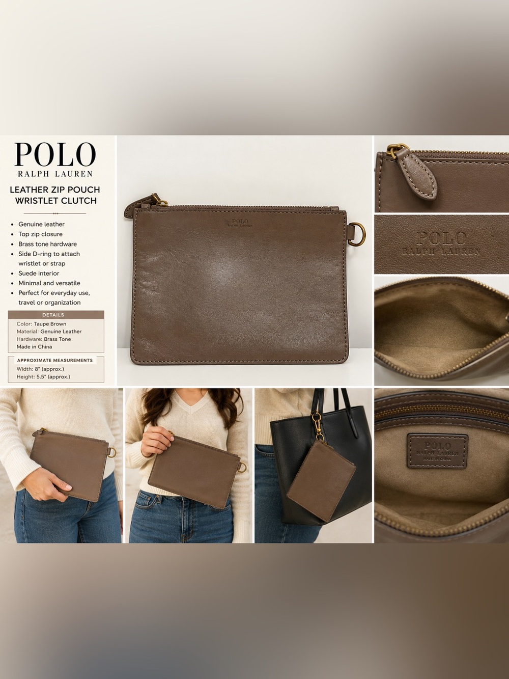 Polo Ralph Lauren Brown Leather Zip Pouch Clutch Wristlet Organizer Bag